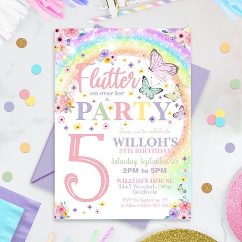 Rainbow Butterfly Birthday Invitation.  ©Tweet Party Printables 2019 Rainbow Butterfly Themed Birthday Party, Pastel Rainbow Butterfly Birthday Party, Rainbows And Butterflies Party, Butterfly Rainbow Party, Butterfly 4th Birthday Party, Butterfly 5th Birthday Party, 5th Birthday Girl Themes, Rainbow Butterfly Birthday Party, 5th Birthday Ideas For Girls Themes