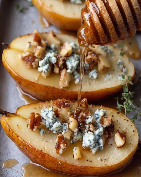 Delight in these elegant Baked Pears with Blue Cheese! A perfect mix of sweet and savory, ideal for gourmet entertaining or a cozy night in. #GourmetSnack #BakedPears #BlueCheese #EasyAppetizer #FruitDessert Roasted Pears With Blue Cheese, Baked Pears With Blue Cheese And Honey, Pears With Blue Cheese, Stuffed Pears, Roasted Pears, Baked Pears, Roasted Pear, Honey Garlic Sauce, Pizza Burgers