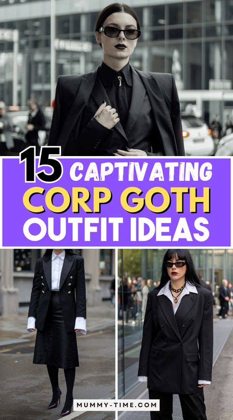 Revamp your office style with Corp Goth outfit ideas that reflect your unique personality. From sleek black dresses to chic layering, find the perfect balance between gothic elegance and workplace professionalism. Inspired? Be sure to save this pin for your fashion reference! Gothic Smart Casual, Blazer Goth Outfit, Gothic Chic Outfit, Gothic Teacher Outfit, Goth Mom Aesthetic, Corporate Goth Plus Size, Goth Outfits Plus Size, Feminine Goth, Goth Mom