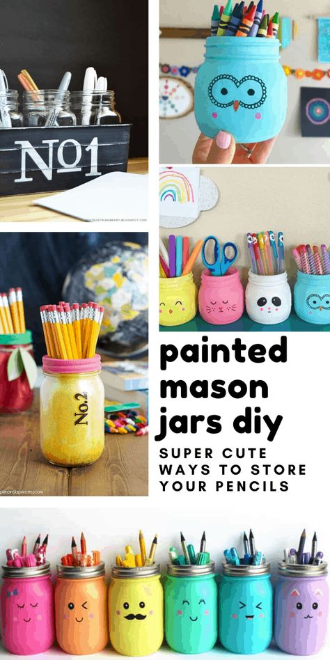 Loving these painted mason jars! Such vibrant colours! And these diy projects are the perfect way to store all your pens, pencils, paint brushes and even make up brushes! Pencil Jar Diy, Mason Jar Pencil Holder Diy, Teacher Mason Jar, Jar Of Paint Brushes, Pencil Jars For Teachers, Easy Diy Paint, Diy Gifts To Sell, Mason Jar Projects, Diy Jar Crafts