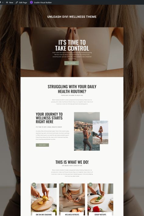 Divi Coaching Themes for WordPress | Website Design Divi Template, Divi Wordpress, Health Website Design Inspiration, Fitness Website Design, Fitness Website, Wordpress Themes, Wellness Website Design, Therapy Website Design, Website Layout Inspiration