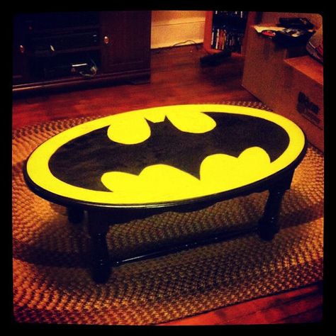 The coffee table in its new home #batman #imstillanawesomesister | Flickr - Photo Sharing! for lauren Batman Furniture, Batman Coffee, Batman Room, Batman Love, Batman Symbol, Im Batman, Hakone, Custom Painted, Gotham City