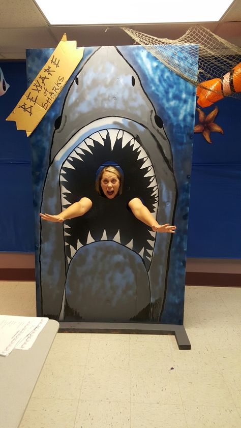 Ocean Photobooth Ideas, Jaws Homecoming Float, Scuba Vbs Crafts, Sea Decoration Ideas Ocean Themes, Scuba Photo Booth, Shark Photo Prop, Beach Vbs Decorations, Scuba Vbs Decorations, Shark Photo Booth