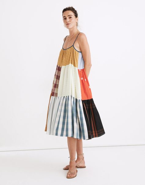 Madewell Gets Into Upcycling With a Capsule of Patchwork Dresses by La Réunion | Vogue Reunion Dress, Ropa Upcycling, Upcycling Fashion, Patchwork Clothes, Patchwork Clothing, Upcycle Clothing, Cami Midi Dress, Upcycled Clothes, Upcycled Fashion