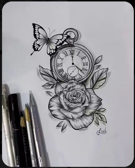 Tato Jam, Rose Drawing Tattoo, Clock Tattoo Design, Tattoo Zeichnungen, Inspiration Tattoos, Floral Tattoo Sleeve, Irezumi Tattoos, Watch Tattoos, Leg Tattoos Women