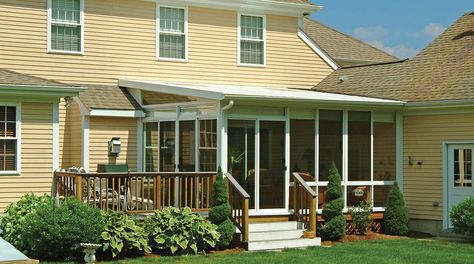 Sunroom with Single-Slope Roof Sunroom Conversion, Aluminum Sunroom, Screen Porch Panels, Four Season Sunroom, Slope Roof, Screened In Deck, Four Seasons Room, Sunroom Addition, Three Season Room