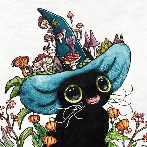 Misfits Tattoo, Mushroom Witch, Cat Mushroom, Autumn Plants, Master Bathrooms, New Painting, Witch Cat, Halloween Illustration, Art Things