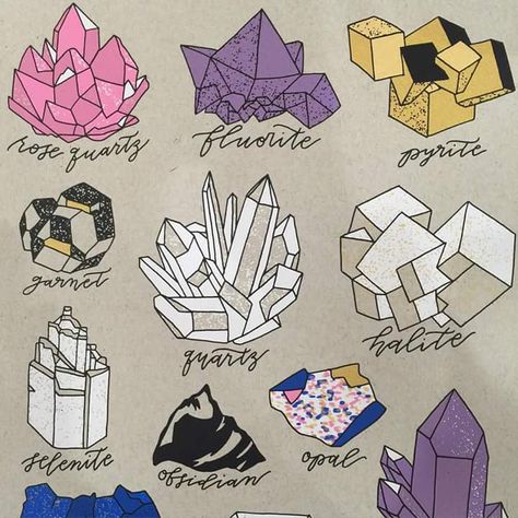 rose quarz, fluorite, pyrite, garnet, quarz, halite, obsidian, opal, amethyst Fluorite Tattoo, Obsidian Tattoo, Gem Drawing, Crystal Drawing, Iron Pyrite, Pyrite Crystal, Mountain Tattoo, Fluorite Crystal, American Traditional