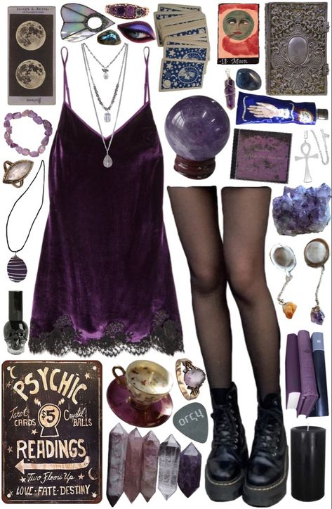 Gothic Moodboard, Purple Dress Outfit, Dream Witch, Goddess Mythology, Grunge Witch, Spiritual Tarot, Witchy Outfits, Witch Png, Mode Hippie