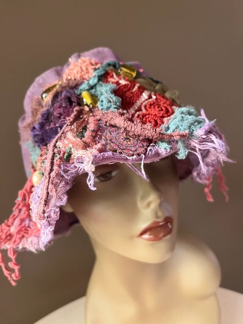 Bohemian embellished Artsy denim bucket hat, Boho hippie embroidered upcycled with buttons BohobyDarija by BohobyDarija on Etsy Handmade Bohemian Bucket Hat For Festivals, Bohemian Handmade Bucket Hat, Hippie Style Bucket Hat, Purple Crochet Bohemian Hat, Purple Bohemian Brimmed Hat, Hippie Hat, Magnolia Pearl Clothing, Denim Bucket Hat, Fabric Roses