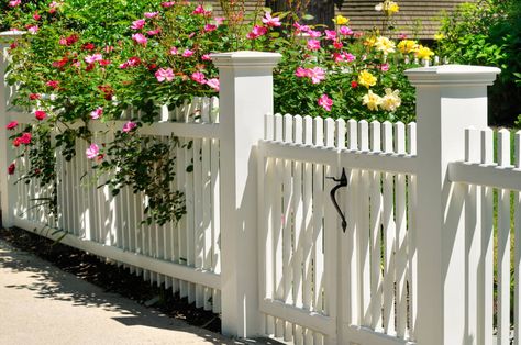 New picket fence styles include 4x4 posts with end caps. Options include wood or vinyl for material. Gard Modern, Picket Fence Gate, Pagar Modern, Yard Privacy, Front Fence, White Fence, Types Of Fences, Fence Styles, Front Yard Fence