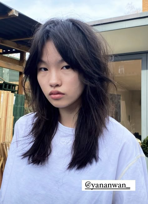 Asian Layered Hair Straight, Choppy Long Wolfcut, Medium Masculine Haircuts For Women, Japanese Haircut Women, Shag Haircut Asian, Shaggy Asian Hair, Wolf Cut Asian Girl, Medium Length Asian Haircut, Haircuts For Asian Hair