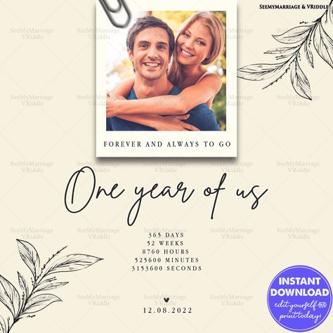 This elegant first-anniversary card features a Polaroid-style photo clipped at the top, graceful script text, and a sentimental breakdown of a year's time in days, weeks, hours, and seconds. Hand-drawn floral illustrations frame the muted cream background. #AnniversaryCard #MinimalistDesign #RomanticCardIdeas #PolaroidPhotoCard #FirstAnniversary #MinimalDesign #LoveAndTogetherness #AnniversaryCelebration #OneYearOfUs #AnniversaryVibes #RomanticCardDesign #CoupleMilestone One Year Of Love, Anniversary Card Design, Wedding Anniversary Party Invitations, Anniversary Party Invitations, Script Text, Polaroid Photo, Romantic Cards, Drawn Floral, 52 Weeks