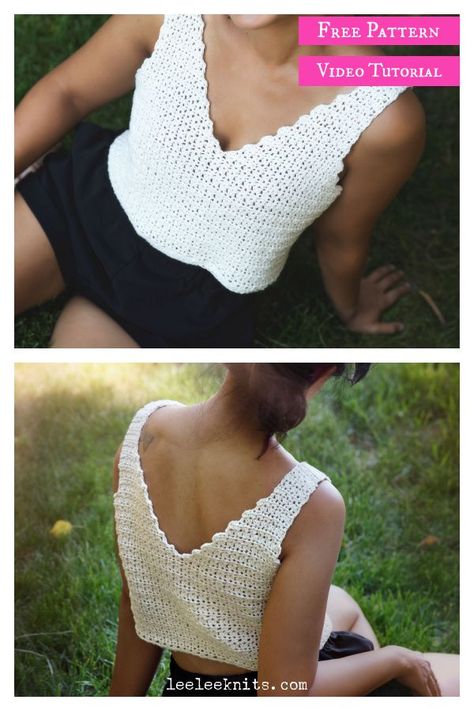 Easy V-Neck Crop Top Free Crochet Pattern and Video Tutorial Diy Crochet Crop Top, Crochet V Neck, Simple Crop Top, Crop Top Crochet, V Neck Crop Top, Crochet Crop Top Pattern, Patterned Crop Top, Crochet Design Pattern, Crochet Halter Tops