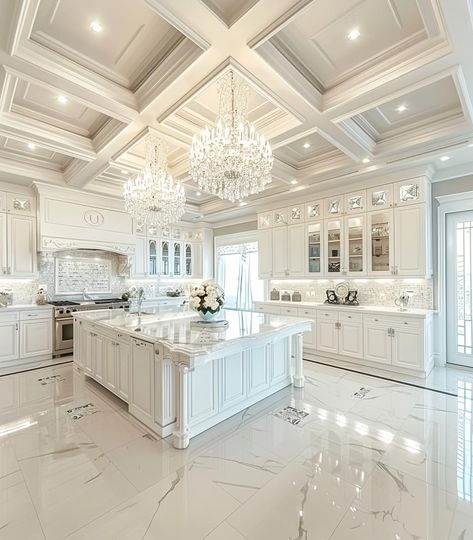 Coffered Ceiling In Kitchen, All White House Interior, Modern Glam Kitchen, Luxury Kitchen Design White, Dream Kitchen White, Luxury White Kitchen, Elegant Kitchen Design, Fancy Kitchens, Kitchens Luxury