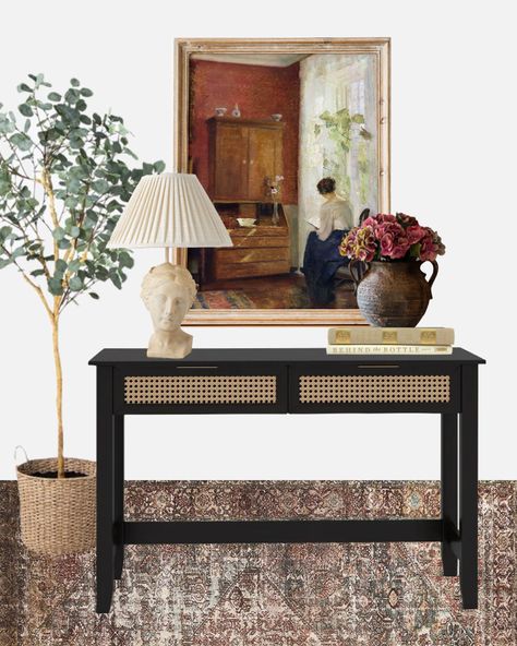 Bust Table, Entry Way Console Table, Console Table Decor Ideas, Faux Eucalyptus Tree, Indoor Olive Tree, Console Table Decor, Dining Room Gallery Wall, Console Table Styling, Black Console Table