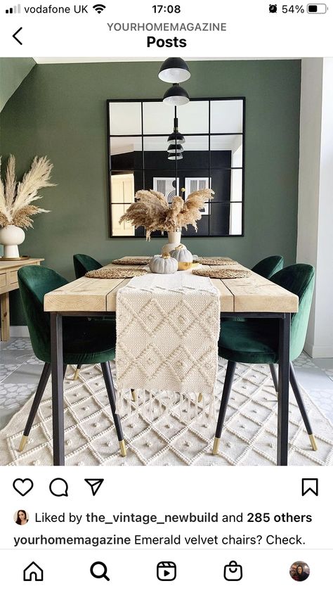 Green Dining Room Paint, Green Dining Room Walls, Black Dining Room Table, Green Chairs, Green Dining Room, Green Dining Chairs, Dining Room Paint, Dinning Room Design, Black Dining Room