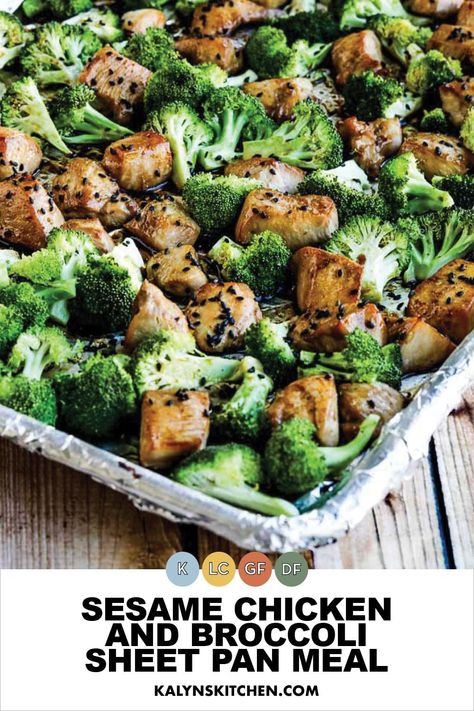 Pinterest image showing Sesame Chicken and Broccoli Sheet Pan Meal on baking pan. Chicken And Broccoli Sheet Pan, Sesame Chicken And Broccoli, Cena Keto, Salad Buah, Gluten Free Soy Sauce, Chicken And Broccoli, Low Carb Meal Plan, Low Carb Diets, Makanan Diet