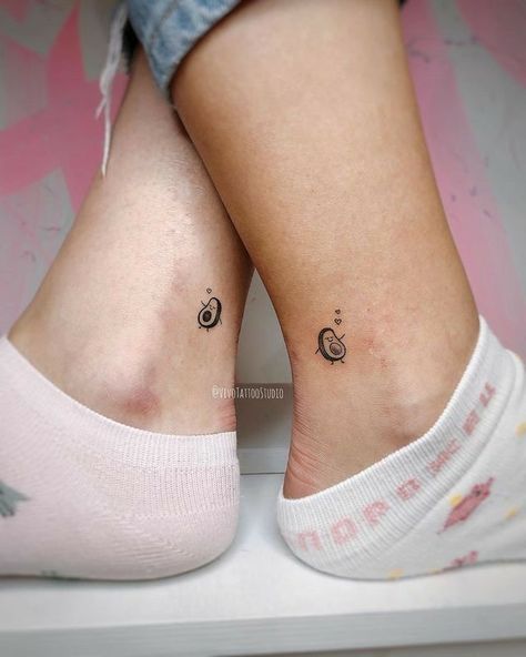 Small Pair Tattoos, Tattoos For Siblings, Tiny Foot Tattoos, Matching Tattoos For Siblings, Avocado Tattoo, Pair Tattoos, Spiral Tattoos, Cute Matching Tattoos, Matching Friend Tattoos