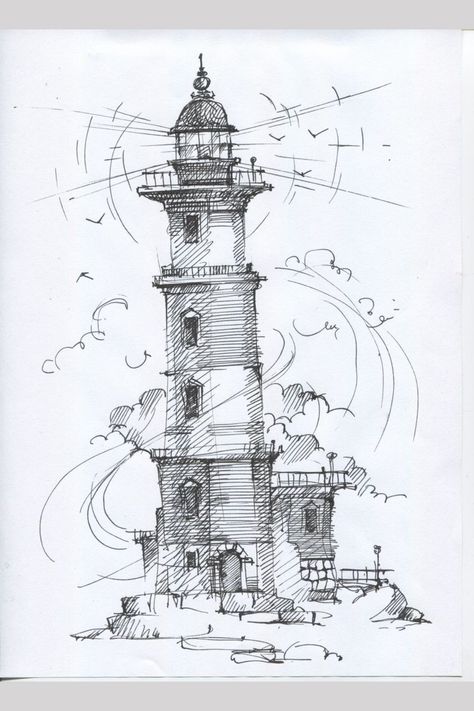 Lighthouse Drawing, Seni Vintage, 그림 낙서, Seni 2d, Pen Art Drawings, Architecture Drawing Art, Sketch Painting, Architecture Sketch, Book Art Drawings