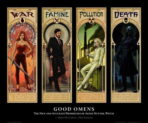 Good Omens | The Four Horsemen | Art by Lee Moyer Four Horseman, Terry Pratchett Discworld, Apocalypse Art, Horsemen Of The Apocalypse, Good Omens Book, American Gods, Terry Pratchett, The Apocalypse, Good Omens