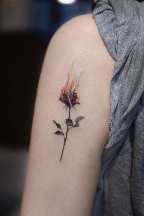 Fire Rose Tattoo, Burn Tattoo, Rose On Fire, Freedom Tattoo, Fire Rose, Rose Tattoo On Arm, Watercolor Rose Tattoos, Burning Rose, Rose Flower Tattoos