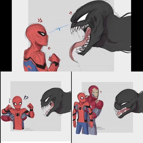 By @anna.pelizzari instagram Deadpool Y Spiderman, Avengers Humor, Deadpool Iron Man, Funny Superhero, Iron Man Marvel, Superfamily Avengers, Deadpool And Spiderman, Funny Marvel, Funny Ideas