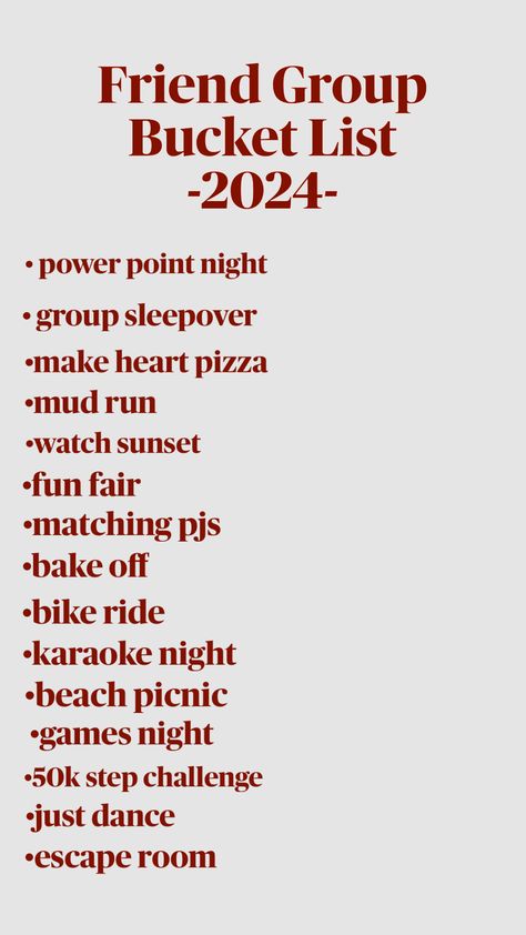 #friendgroup#2024bucketlist#bucketlist Friend Group Bucket List, Picnic Games, Mud Run, Fun Fair, Friend Group, Crazy Things To Do With Friends, Beach Picnic, Escape Room, Bike Ride