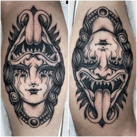 Old School Throat Tattoo, Flipface Tattoo Traditional, Black Work Knee Tattoo, Traditional Mask Tattoo, Traditional Throat Tattoo, Traditional Face Tattoo, Devil Face Tattoo, Tradional Tattoo Ideas, Traditional Neck Tattoo