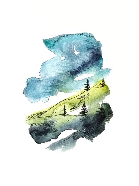 Hill Watercolor, Akvarel Illustration, Nature Watercolor, Watercolor Paintings For Beginners, Diy Watercolor Painting, Modern Watercolor, Watercolor Projects, Watercolor Landscape Paintings, Diy Watercolor