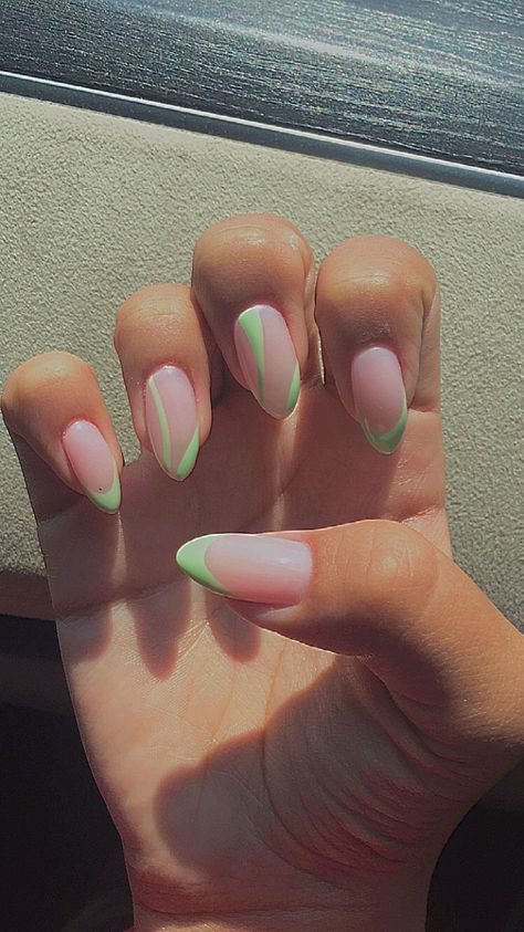 Mint Green Swirl Nails, French Tips With Swirls, Almond French Tips, Vesper Lynd, Aesthetic Mint, Mint Green Nails, Cruise Nails, Mint Nails, Black Acrylic Nails