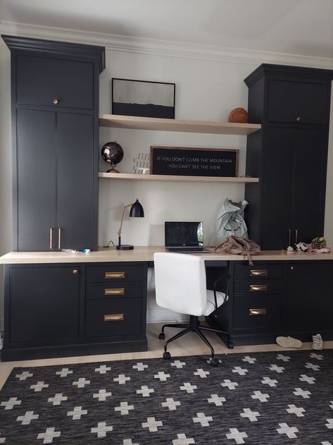 Office Ideas Cabinets, Black Office Cabinets, Home Office Using Kitchen Cabinets, Black Cabinets Office, Modular Home Office Furniture, Office Bedroom Combo, Alcove Desk, Office Conversion, Mom Office