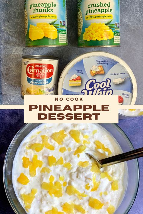 This 5 Minute Pineapple Dessert recipe is one of the easiest recipe you’ll find anywhere.This is a no cook dessert recipe made with canned pineapple, cool whip and condensed milk.So good and delicious! Sweetened Condensed Milk Desserts, Condensed Milk Desserts, Sweetened Condensed Milk Recipes, Cooked Pineapple, Cool Whip Desserts, Pineapple Dessert, Sweet Condensed Milk, Pineapple Dessert Recipes, Baked Pineapple