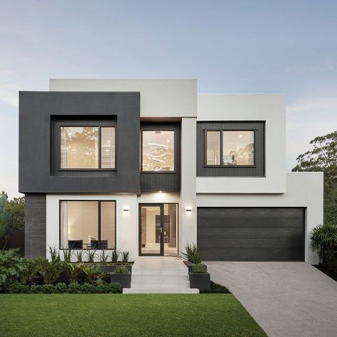 Coral Homes' new modern display home - the bold and beautiful Atlanta 48 (modern facade) Rendered Houses, Gray House Exterior, White Exterior Houses, House Exterior Colors Schemes, Contemporary House Exterior, Modern House Facades, Grey Exterior, Exterior Color Schemes, Casa Exterior