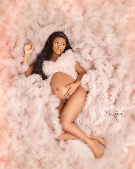 Blue And White Maternity Shoot, Maternity Shoot White Backdrop, Cassie Hair, Tulle Maternity Dress, Pregnancy Pics, Black Motherhood, Maternity Photography Poses Pregnancy Pics, Ruffle Prom Dress, Spaghetti Strap Prom Dress