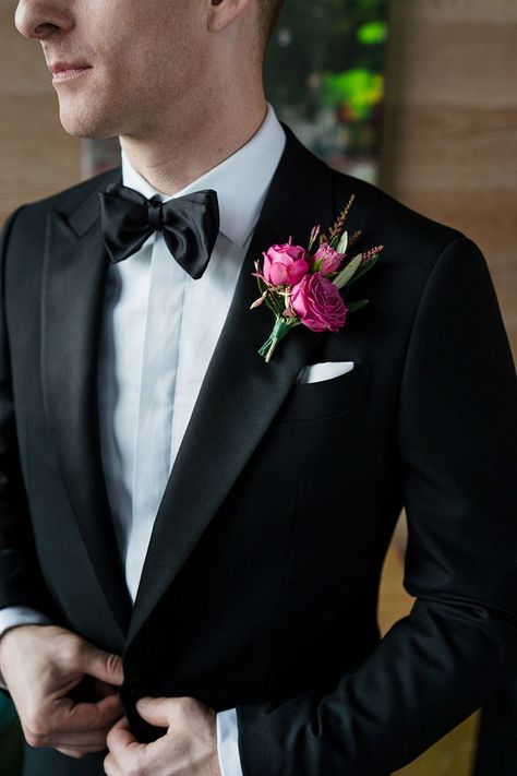 Black Suit Pink Boutonniere, Black Boutineer Ideas, Hot Pink Rose Boutonniere, Pink And Red Boutonniere, Black Tuxedo With Pink Tie, Pink And Black Boutonniere, Fuschia Boutonniere, Hot Pink Boutonniere, Appetizer For Wedding