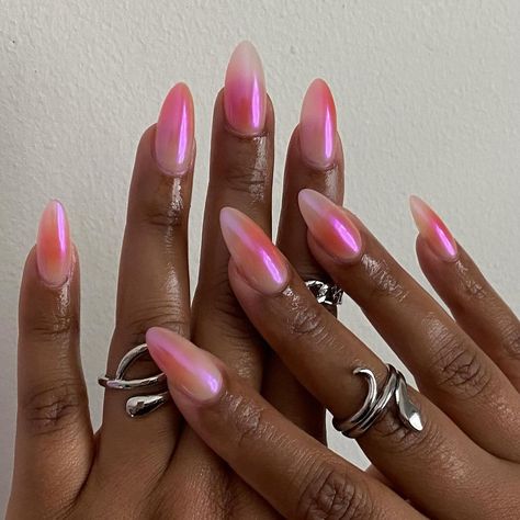 | summer aura + chrome 🌅 @apresnailofficial natural medium almond | Instagram Glazed Donut Nails With French Tip, August Nails Chrome, Almond Chrome Tip Nails, Pink Nails Aesthetic Design, Cute Almond Acrylics, Pink Nails With Pink Chrome, Cute Trendy Summer Nails, Pink Chrome Aura Nails, Chrome Nails Multi Color