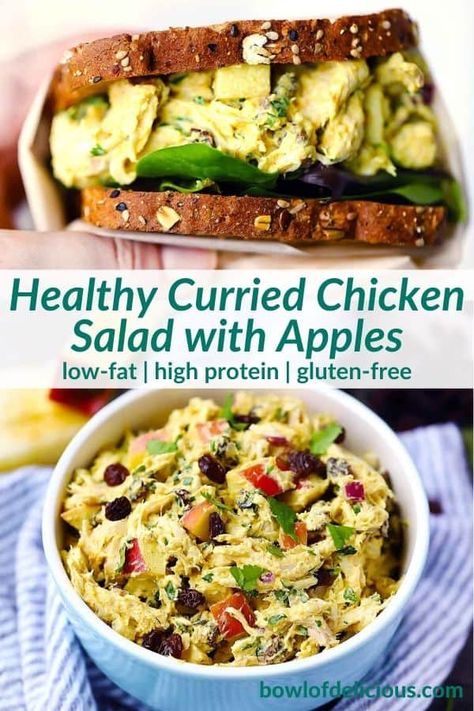 This healthy curried chicken salad recipe with apples and raisins is perfect for meal prep, low fat, and uses greek yogurt with no mayo! #chickensalad #curriedchicken #mealprep #healthychickensalad Chicken Salad Recipe With Greek Yogurt And Mayo, Curry Chicken Salad With Apples, Curry Chicken Salad Greek Yogurt, Chicken Salad Recipe With Apples, Recipe With Apples, Curried Chicken Salad, Curry Chicken Salad, Yogurt Curry, Salad With Apples