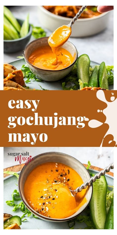 Korean Spicy Mayo Sauce, Korean Sauce Dipping, Korean Fish Tacos, Korean Mayo Sauce, Gochujang Mayo Recipe, Asian Burger Sauce, Asian Mayo Sauce, Gourmet Korean Food, Gogugang Sauce