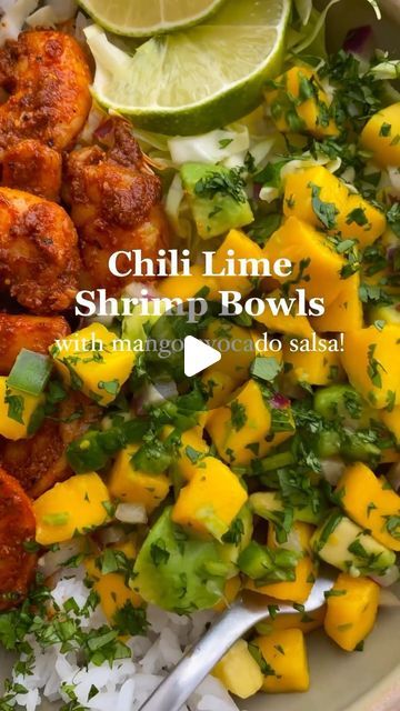 Food for your thoughts on Instagram: "CHILI LIME SHRIMP BOWLS with MANGO-AVOCADO SALSA!😍 An easy weeknight dinner that’s loaded with flavor!🤗 Featuring chili seasoned shrimp + a refreshing mango-avocado salsa + crunchy cabbage + white rice with an extra squeeze of lime. These bowls come together quickly & can easily be prepped beforehand!👍🏻 🎥: @kaleforniakravings . What you’ll need for the bowls: Raw shrimp Chili powder Cumin Salt Smoked paprika Garlic powder Black pepper Cayenne (omit if you don’t want the shrimp too spicy) Shredded cabbage White rice Limes Tortilla chips, for serving . What you’ll need for the “salsa”: Mangos Avocado Red onion Jalapeño Cilantro Lime juice #lowcarb #healthyrecipes #reelitfeelit #healthychoices #yum #food #recipe #yummyfood #salad #shrimpsalad #dinner Chili Lime Shrimp Bowl, Shrimp Bowls, Citrus Shrimp, Seasoned Shrimp, Chili Lime Shrimp, Raw Shrimp, Chili Shrimp, Mango Avocado Salsa, Salsa Bowls