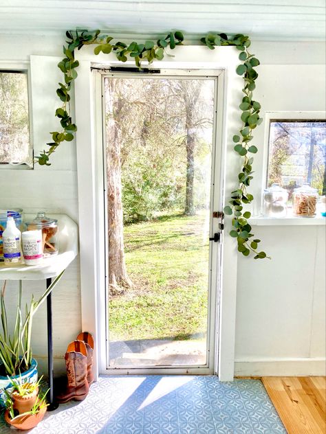 Eucalyptus Garland Around Mirror, Framed Doorway, Eucalyptus Garland, Fake Plants, Doors Interior, Natural Light, Oversized Mirror, Dream House, Design Inspiration