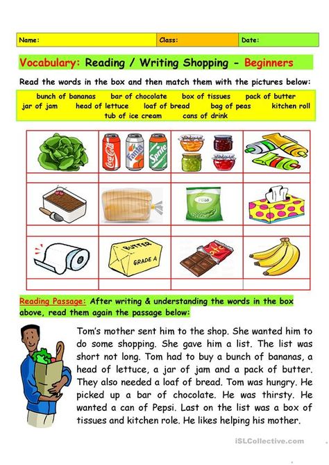 Vocabulary: Reading & Writing / Shopping - Beginner Adults - English ESL Worksheets for distance learning and physical classrooms Esl Worksheets For Beginners, Writing For Beginners, Creative Writing Worksheets, Esl Reading, Reading For Beginners, Listening Comprehension, Grammar Practice, Esl Lessons, Creative Writing Prompts