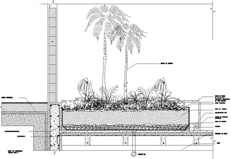 Landscape Construction Details, Roof Garden Architecture, Green Roof Garden, Structural Drawing, Base Building, Elevation Plan, Green Facade, Concept Models Architecture, Architecture Design Drawing