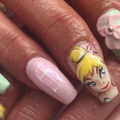 Tinkerbell Nails, Tinkerbell Birthday, Disney Tinkerbell, Nail Art Disney, Disney Nails, Pastel Nails, Birthday Nails, Prom Nails, 3d Nail Art