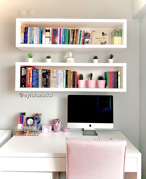 Desks With Bookshelves, Bookshelf Over Desk, Study Desk With Bookshelves, Small Room Bookshelf Ideas, Bookshelves For Bedroom, Bookshelves Small Space, Bookshelves In Bedroom Small, Bookshelves On Wall, Bookshelves In Bedroom Aesthetic