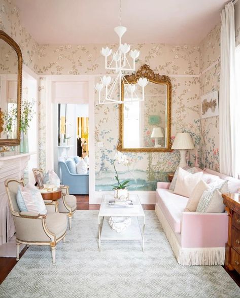 Read More: https://www.stylemepretty.com/living/2020/01/09/what-is-grandmillennial/ Pastel Living Room, Grandmillenial Style, Grandmillennial Style, Mirror On The Wall, Cheap Decor, A Living Room, Design Styles, My New Room, Living Room Inspiration