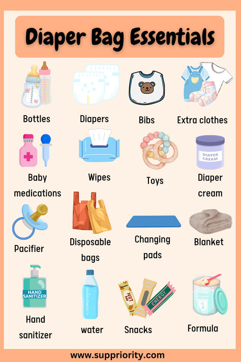 Diaper bags make life easier when you have all the diaper bag essentials such as wipes, snacks, and a change of clothes well prepared. Having a go-to bag packed and ready means fewer stressful situations and more enjoyable outings with your little one. It helps you handle those unexpected moments with ease and ensures that you’re always prepared for whatever the day brings. Things To Put In Diaper Bag, How To Pack A Diaper Bag, Necessities For Newborn, What To Put In Diaper Bag For Newborn, What To Pack In Diaper Bag, Baby Things You Need, Things Needed For Baby, Baby Diaper Bag Checklist, Must Haves For New Baby