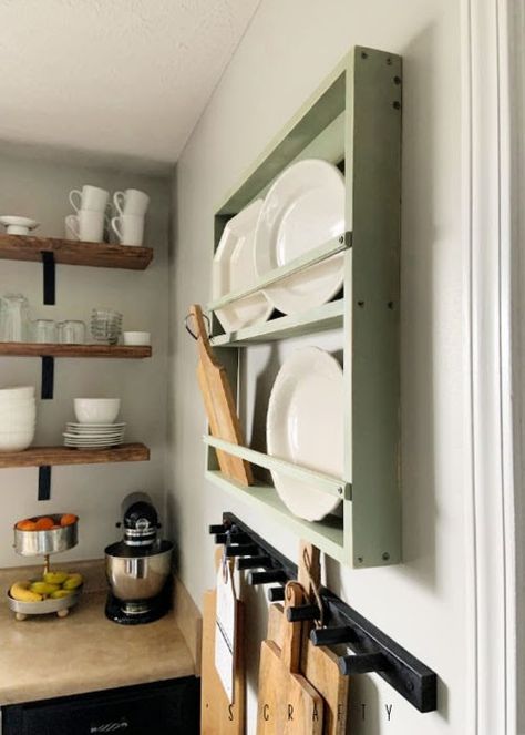 Wall mounted dish rack | Platter holder | farmhouse kitchen Shelf For Dishes, Wall Mounted Dish Rack, Kitchen Shelf Design, Apt Kitchen, Shelves Design Ideas, Plate Rack Wall, Farmhouse Kitchen Shelves, Diy Farmhouse Kitchen, Platter Display