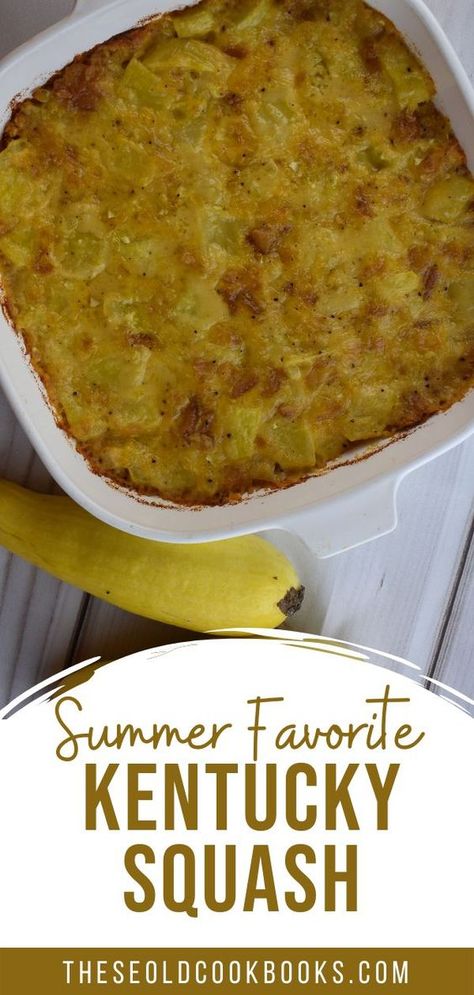 Our garden always produces so much yellow (summer) squash and we are always looking for good recipes and this old-fashion Kentucky Squash Casserole is one of our favorites. Made with a few simple ingredients, this casserole will be a hit with all. Summer Squash Crockpot Recipes, Yellow Squash And Onions Recipes, Yellow Squash Gratin, Crocked Neck Yellow Squash, Yellow Squash Casserole With Cream Of Chicken Soup, Canned Yellow Squash Recipes, Squash Potluck Dishes, Yellow Summer Squash Recipes Simple, Squash Casserole With Cream Of Mushroom