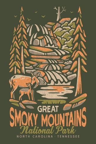 size: 18x12in Art Print: Great Smoky Mountains National Park, North Carolina - Distressed Vector - Lantern Press Artwork by Lantern Press : Wood Postcard, Dynamic Art, Gallery Artwork, Outdoor Stickers, Great Smoky Mountains National Park, Smoky Mountain National Park, National Park Posters, Great Smoky Mountains, Smoky Mountains